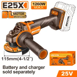Акумулаторен безчетков ъглошлайф RICOTA 25 V Ø 115 mm без батерия