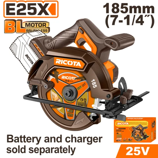 Акумулаторен безчетков ръчен циркуляр RICOTA 25 V 185 mm без батерия