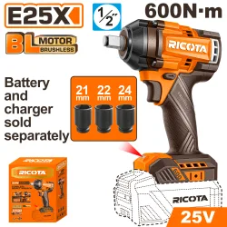 Акумулаторен ударен безчетков гайковерт RICOTA 1/2 инча 25 V 600 Nm без батерия