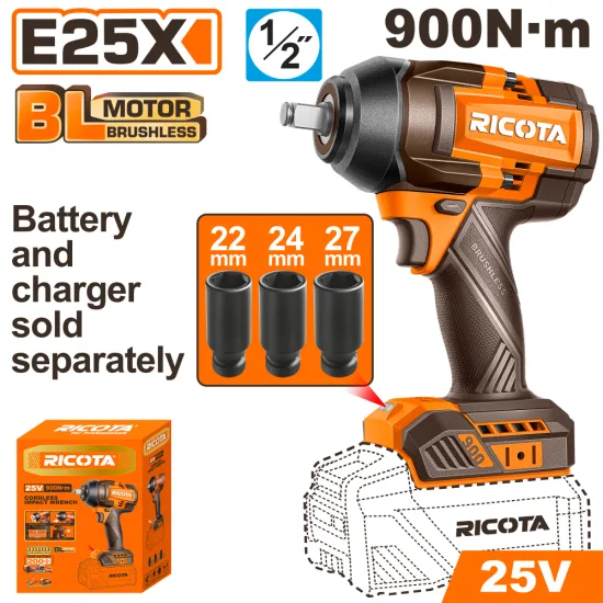 Акумулаторен ударен безчетков гайковерт RICOTA 1/2 инча 25 V 900 Nm без батерия