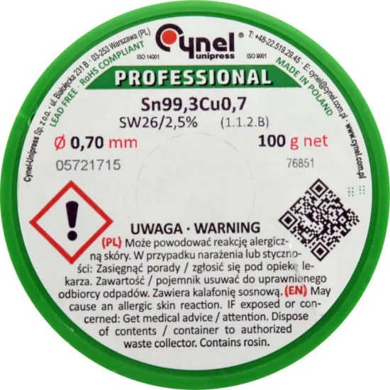 Припой с флюс SN99.3CU0.7 CYNEL 100 g Ø 0.7 mm