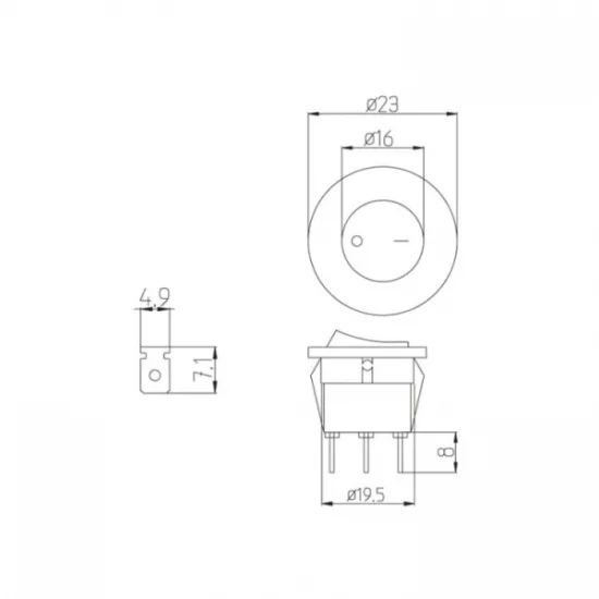 Трипозиционен превключвател 125V/250V 19.5x23 mm